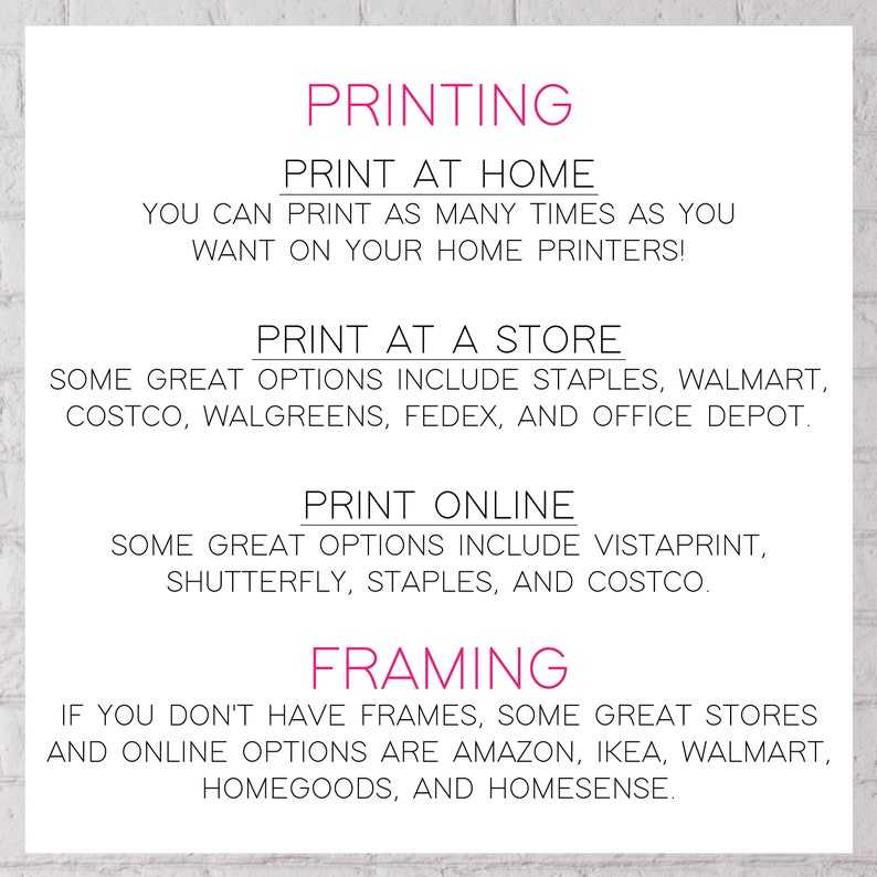 May include: A pink and white graphic with the text "PRINTING" in large pink letters. The graphic lists options for printing at home, at a store, and online. It also lists options for framing.