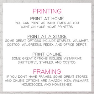 May include: A pink and white graphic with the text "PRINTING" in large pink letters. The graphic lists options for printing at home, at a store, and online. It also lists options for framing.