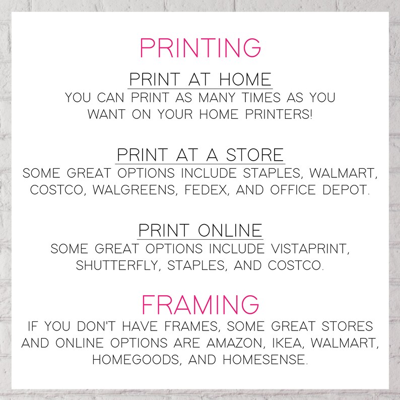 May include: A pink and white graphic with the text "PRINTING" in large pink letters. The graphic lists options for printing at home, at a store, and online. It also lists options for framing.