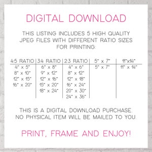 May include: A digital download listing for high-quality JPEG files of printable images in five different aspect ratios: 4:5, 3:4, 2:3, 5" x 7", and 11" x 14". The listing includes a table showing the different sizes available for each ratio.