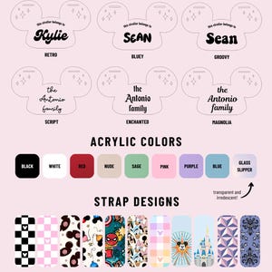 May include: A product display featuring stroller tag designs. The image showcases various font styles, acrylic colors, and strap designs. Font styles include Retro, Bluey, Groovy, Script, Enchanted, and Magnolia. Acrylic colors are black, white, red, nude, sage, pink, purple, blue, and glass slipper. Strap designs include Black Checker, Pink Checkered, Mouse Club, Balloons, Heroes, Mouse and Friends, Rainbow Checkered, Anaheim, Castle, Epcot, and Design of the Month.