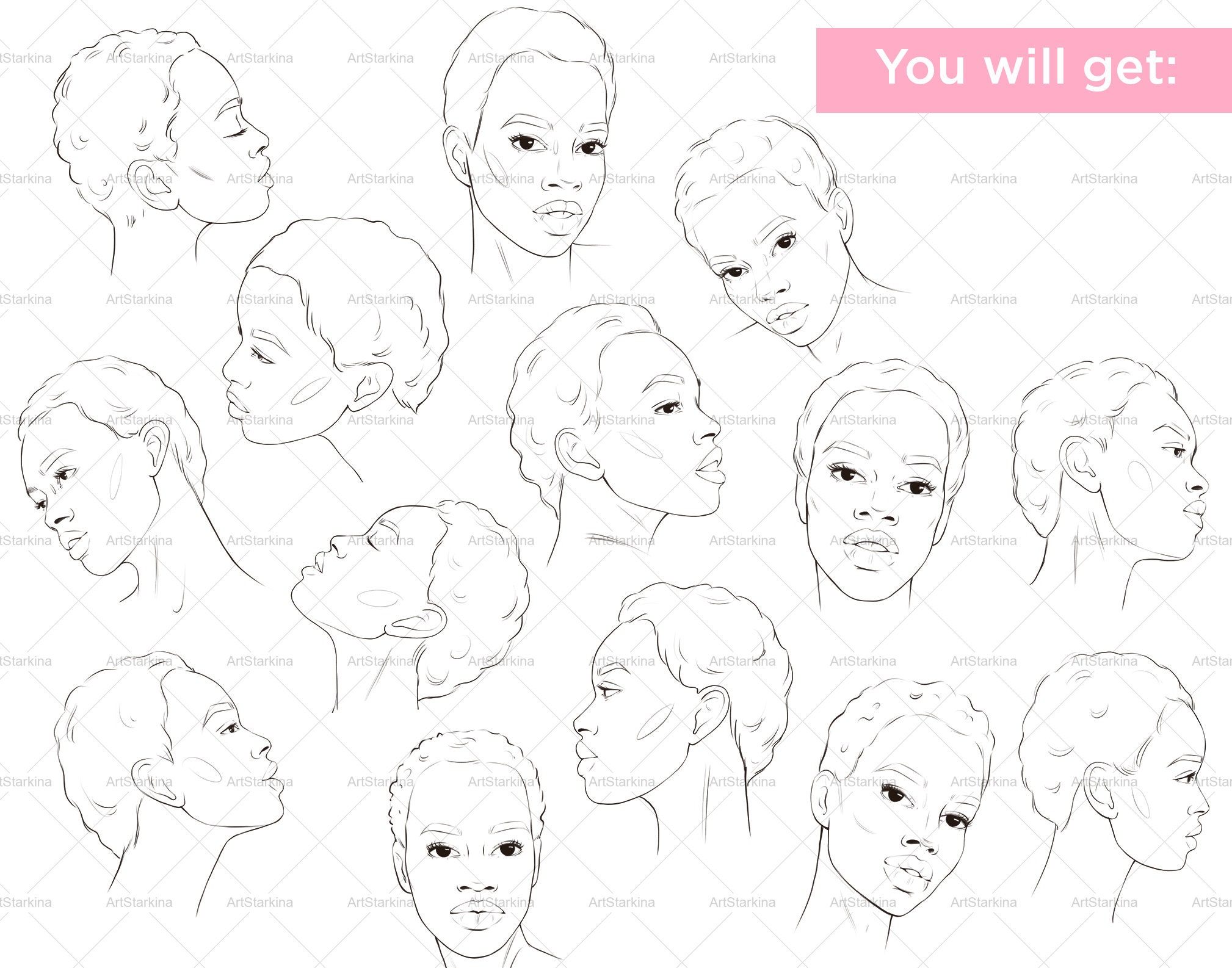 BLACK GIRL FACE templates Png black Woman Portrait african - Etsy
