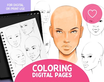 Female Faces Coloring, Coloring Pages, Coloring Books, Face Coloring Pages, Face Stamps, Portrait Brushes, Procreate Coloring Pages, Digital