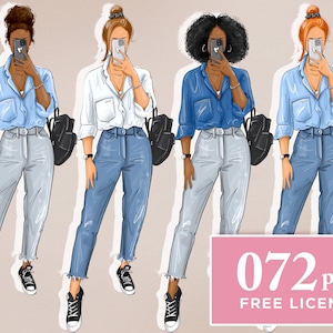 Fashion Girl Clipart: Denim & Afro Styles (PNG)