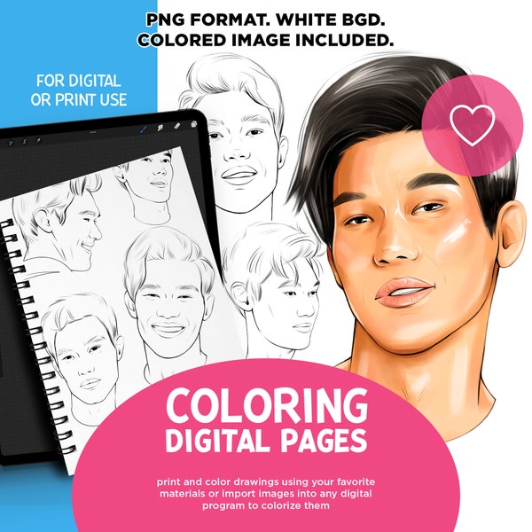 Asian Male Faces, Coloring Page, Coloring Book, Adult Coloring, Male Faces, Man Portrait Coloring, Fashion Illustration, Procreate Coloring