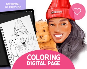 PORTRAIT COLORING PAGE #black girl coloring, digital coloring book, procreate coloring page, african american girl, fashion coloring page