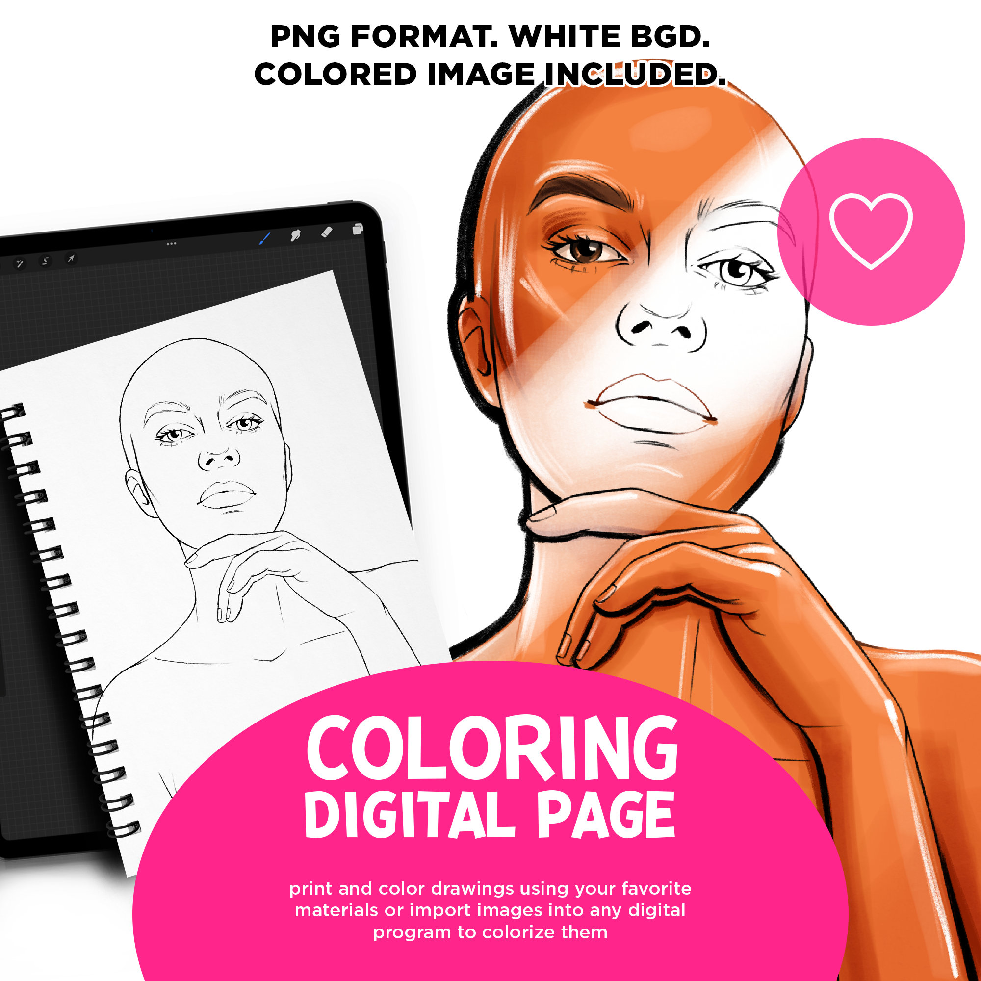 Female Face Coloring Page PNG – Printable & Procreate-Friendly Digital Coloring Sheet for Adults and Kids