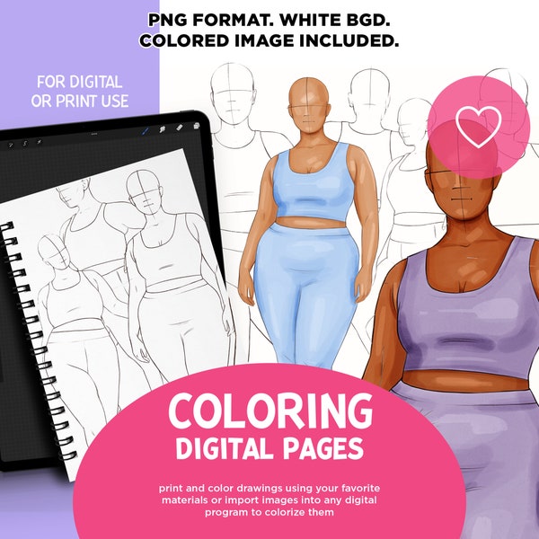 Dibujos para colorear de mujeres con curvas: Ilustración de moda (Descarga digital PNG)