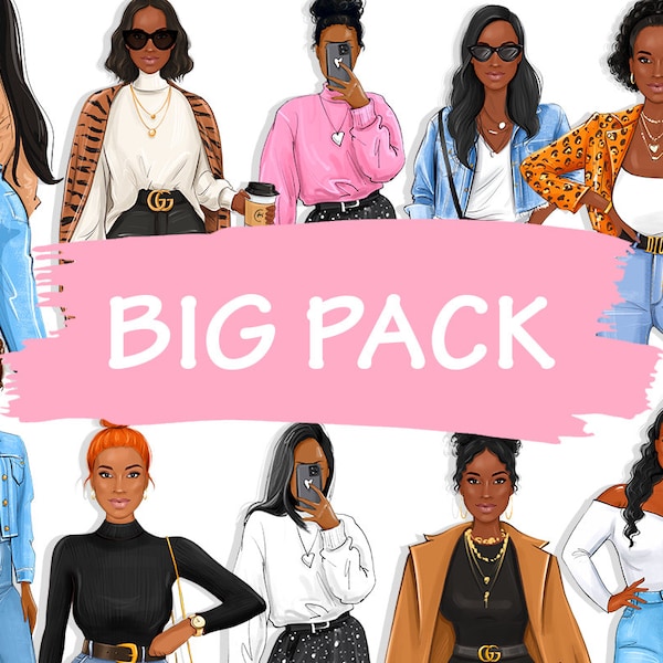 Imágenes prediseñadas de chica de moda: ilustraciones de mujeres afroamericanas (PNG)