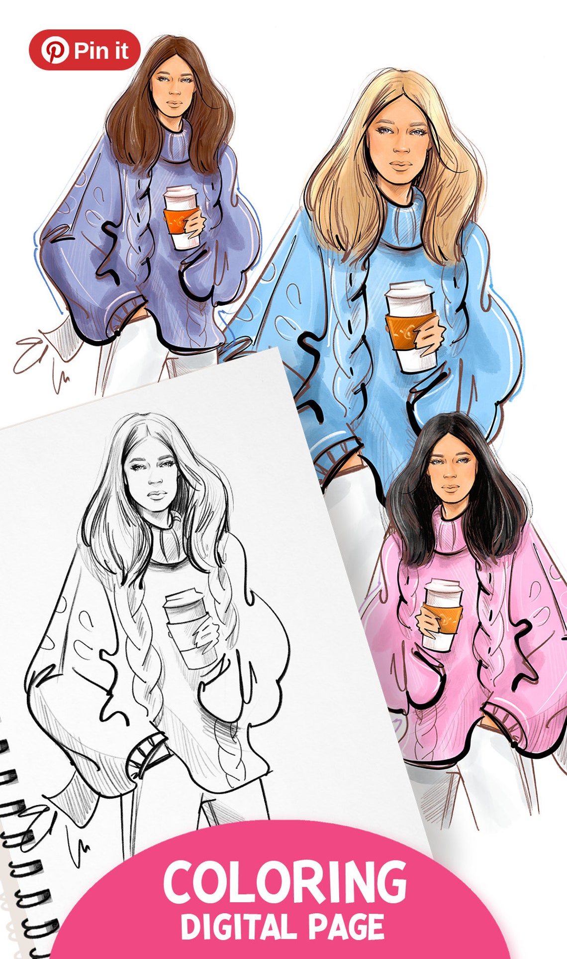 COFFEE GIRL COLORING coloring Pages Coloring Books Adult - Etsy