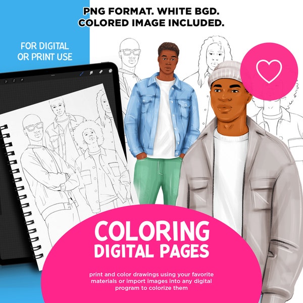 Black man digital coloring book coloring pages for Procreate