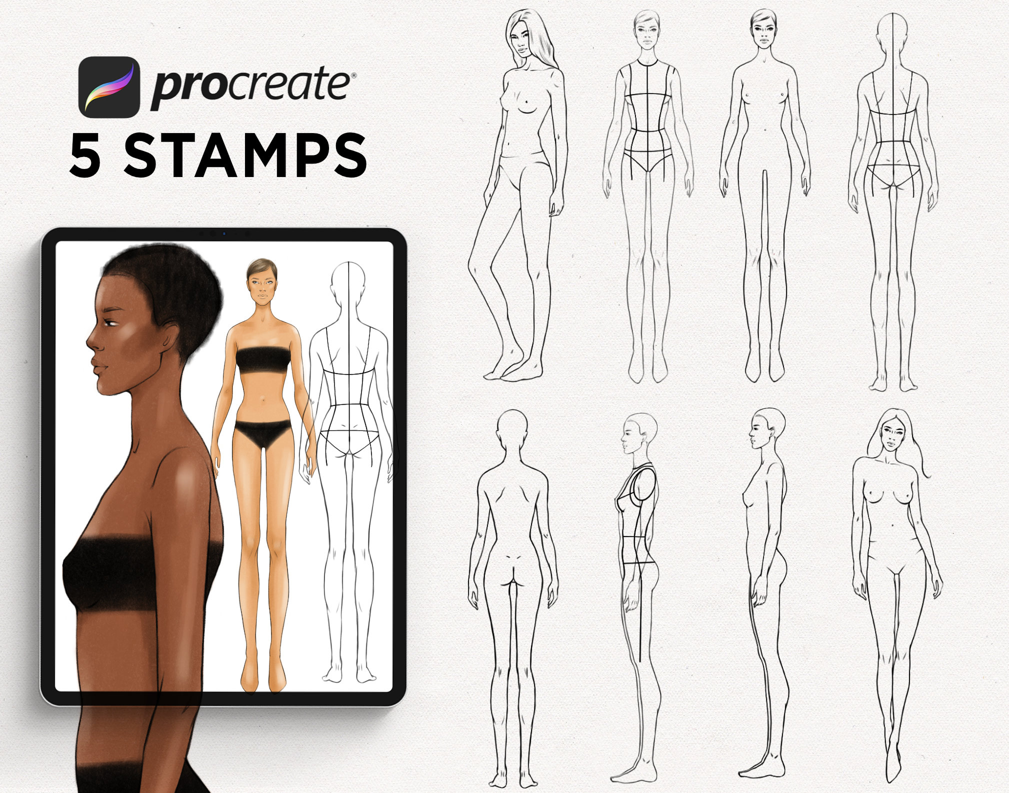 Brosses Tampons Procreate – Croquis de mode silhouette féminine (8 tampons dessinés à la main)