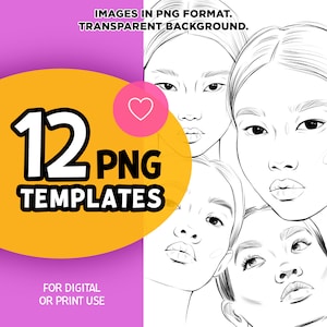Asian Female Face PNG Templates: Procreate Stamp Brushes (12 Files)