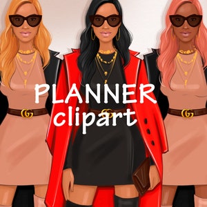Fashion Girl Clipart: Black Woman Planner Graphics (PNG)
