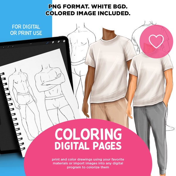 Male Figures Coloring, Coloring Pages, Coloring Book, Procreate Coloring Page, Fashion Figures Templates, Men Body Stamp, Digital Coloring