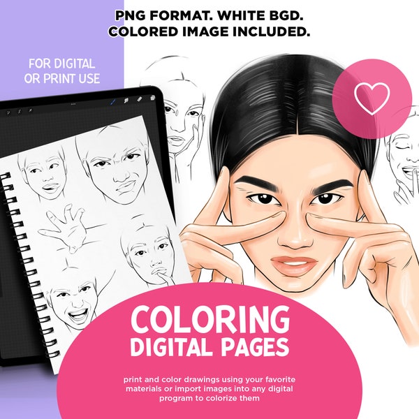 Asian Faces Coloring, Coloring Pages, Coloring Book, Adult Coloring Page, Coloring Books for Kids, Procreate Coloring, Face Stamp, Digital