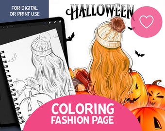 HALLOWEEN COLORING PAGES #coloring book, adult coloring page, fashion illustration, adult coloring book, kids coloring book for procreate