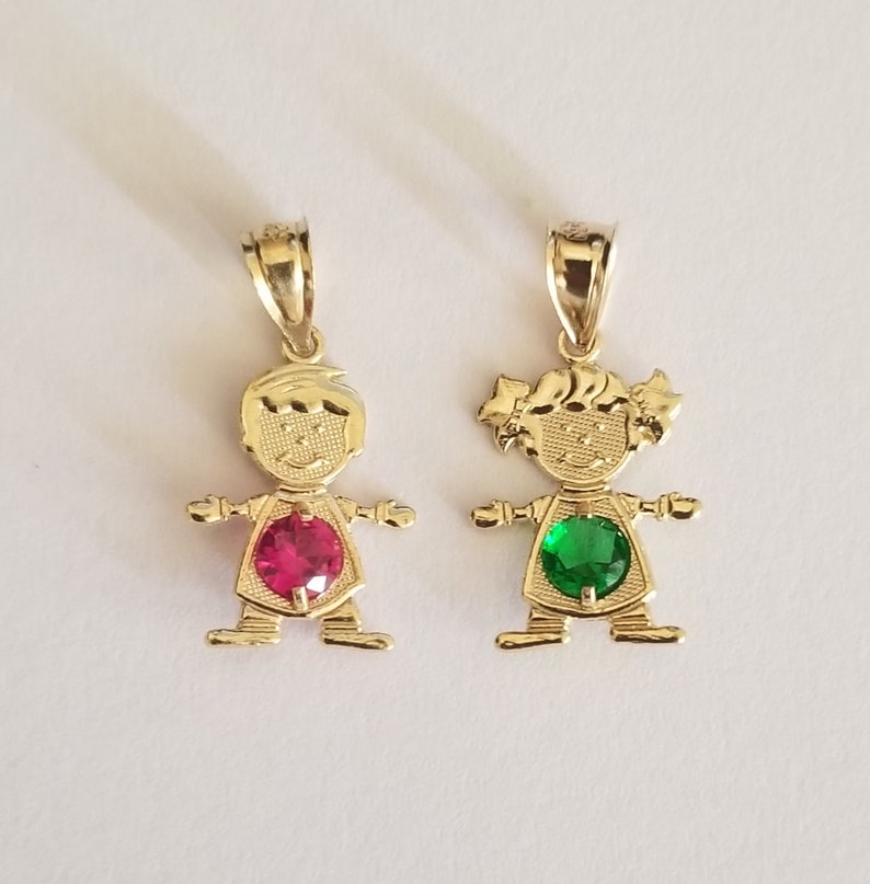 14k Real Yellow Gold Boy and Girl Birthstone CZ Pendant Charm Etsy