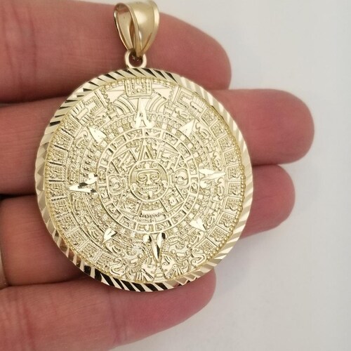 14k Solid Real Yellow Gold Diamond Cut Mexican Aztec Calendar Etsy