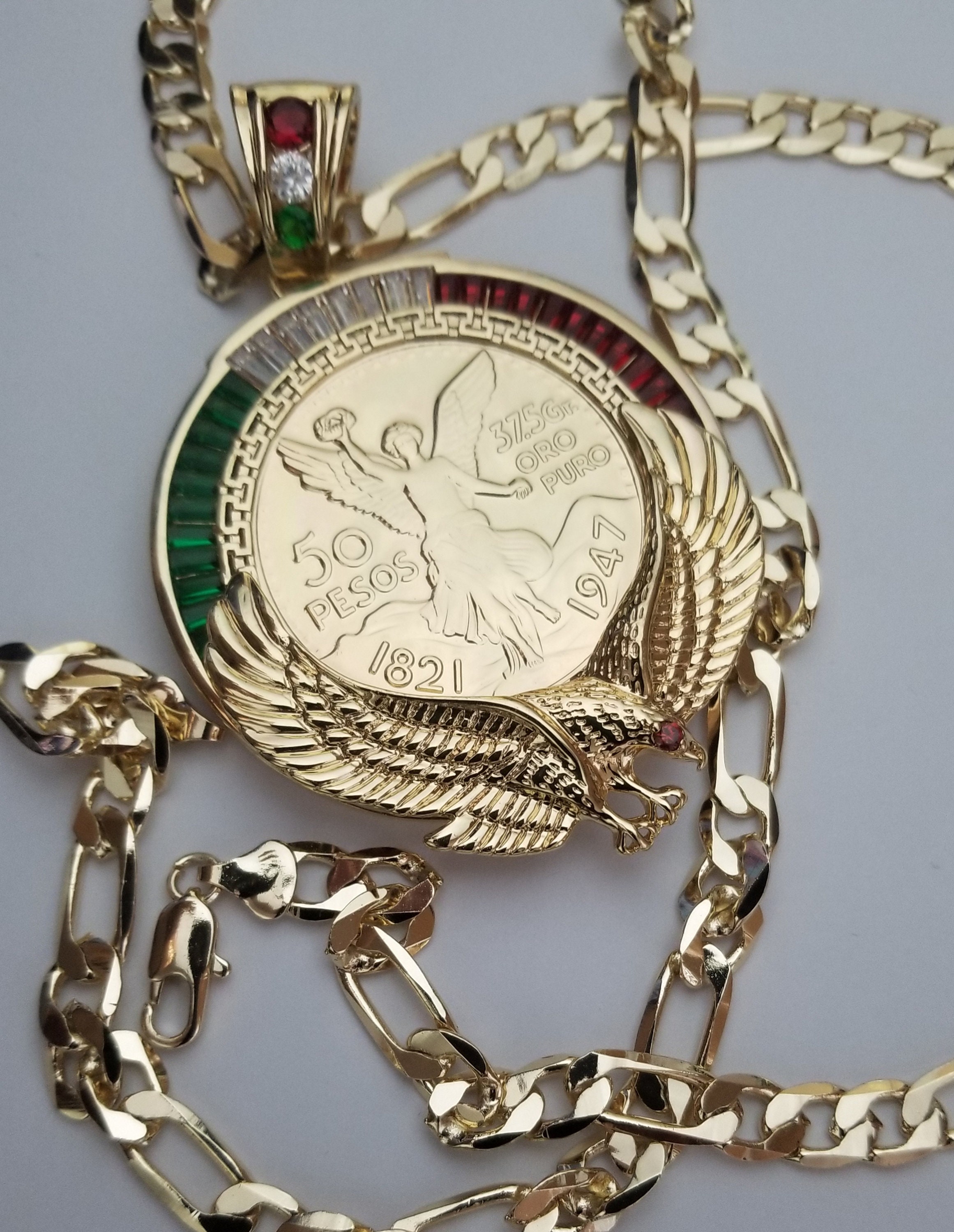 Gold Plated Centenario 50 Pesos CZ Pendant Eagle With Gold Plated