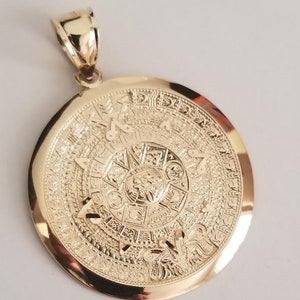 14k Solid Gold Aztec Mayan Sun Pendant – Big Bail, Diamond Cut, Made In Italy (2.10")