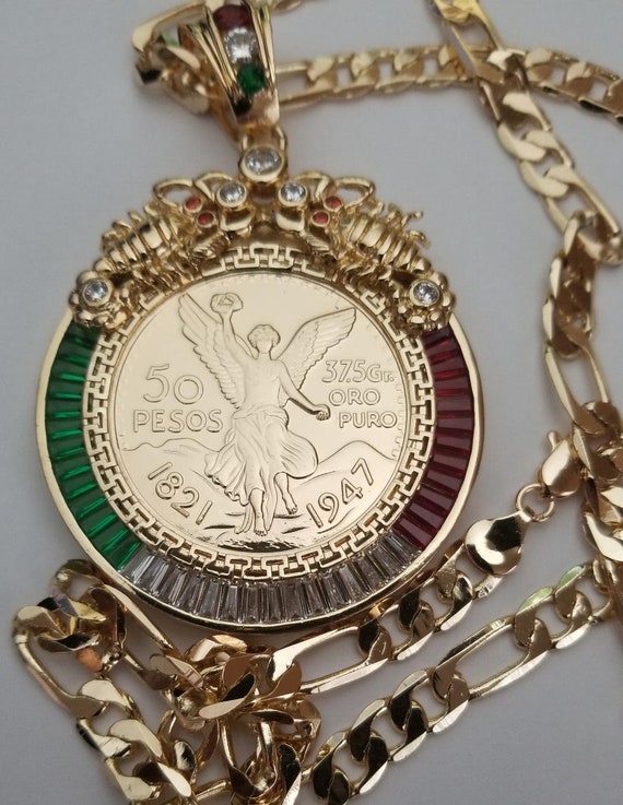 Gold Plated Centenario 50 Pesos CZ Pendant Scorpion With Plated