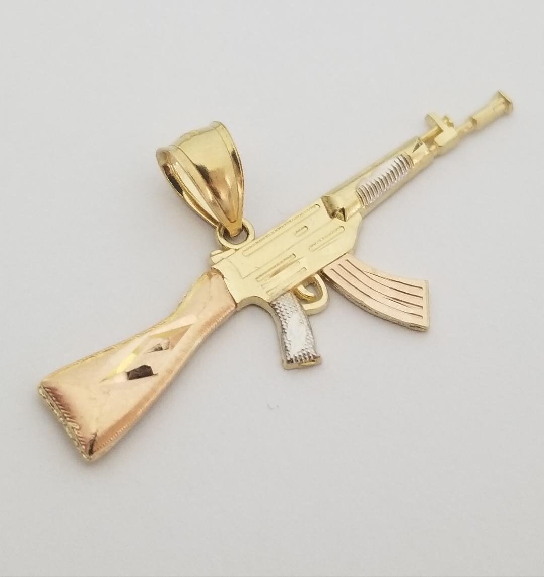 Or 14k PISTOLET Pendentif fusil Ak47 machine arme TRI Charme Collier Or 14k PISTOLET Pendentif fusil Ak47 machine arme TRI Charme Collier