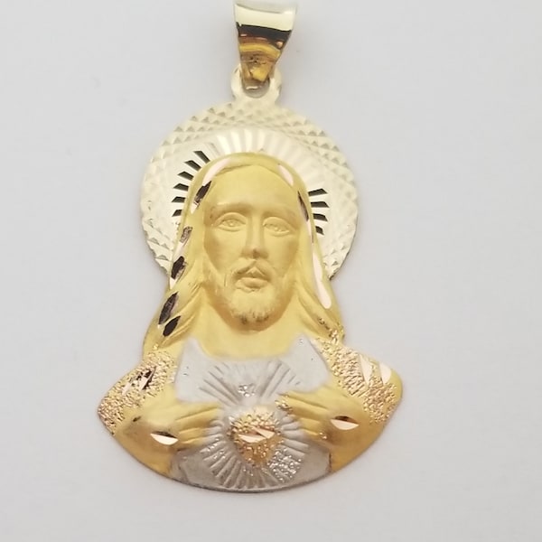 Pendentif religieux tricolore 14 carats en or véritable-Sagrado Corazon-Jesus Face