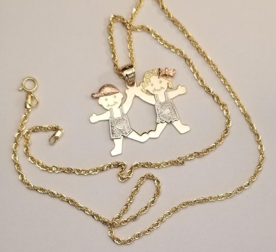 14k Real Solid Tri tone Gold Boy and Girl Pendant Charm 3 Color