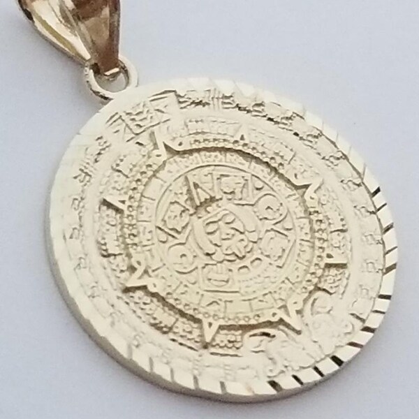 14k Real Solid Yellow Gold Diamond Cut Mexican Aztec Calendar Sun Mayan Small Pendant-Charm
