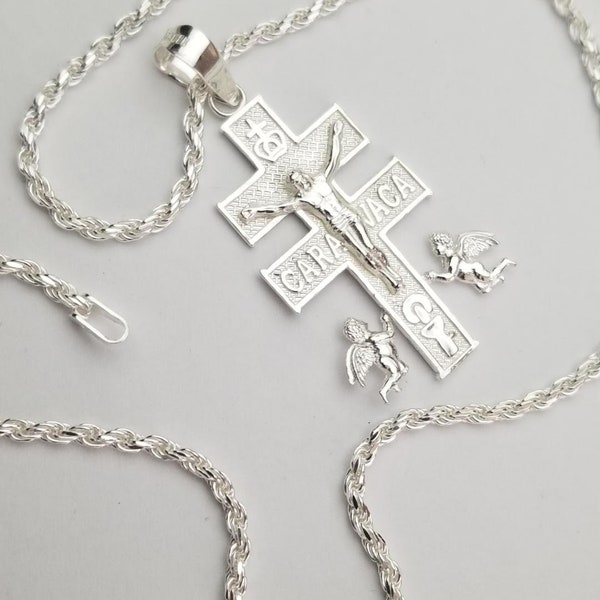Pendentif croix tradigitale religieux Caravaca en argent sterling 925 avec chaîne