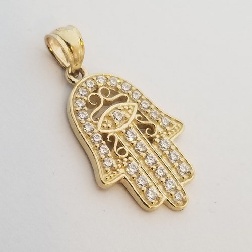 Hamsa With Evil Eye Pendant 14K Solid Yellow Gold With Cubic - Etsy