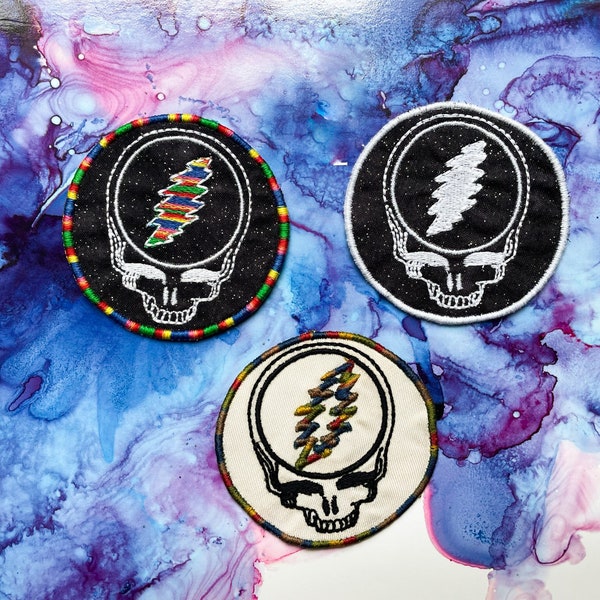 Grateful Dead Patch 3" Steelie Patch- Steal your Face Black, White, Green, Multi Color- Sew on- embroidered Handmade Patch