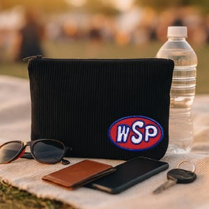 Widespread Panic Corduroy Bag, Embroidered WSP Pouch, Black Zipper Makeup Bag, Bathroom Travel Bag, Jam Band Gift