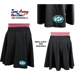 May include: Black skater skirt with a pink waistband and a blue and white embroidered logo that says "WSP".