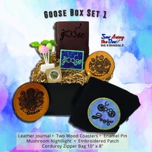 Goose Gift Box Set: Handmade Notebook, Coasters, Lapel Pin, Patch & Nightlight