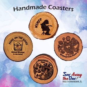 Widespread Panic Coasters: Handmade Rustic Wood Log Note Eater & Mikey Design