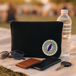 Grateful Dead Corduroy Bag, Embroidered Deadhead Pouch, Black Zipper Makeup Bag, Bathroom Travel Bag, Jam Band Gift