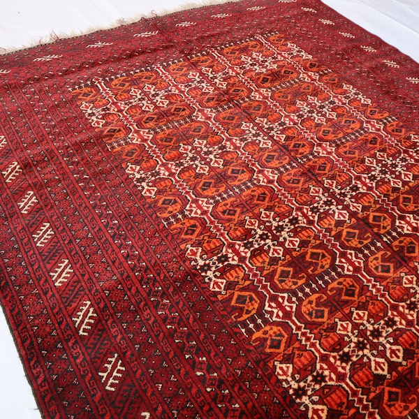 7x10 ft Collectors piece 1960s Antique Area Rug, Afghan Handmade Soft pile Wool Rug, Vintage Turkmen Red Orange, Large Oriental Old Carpet