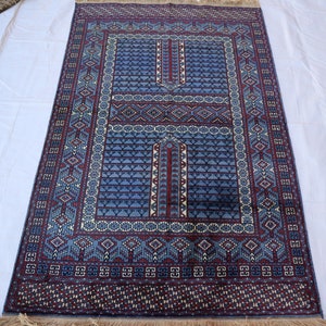 Afghan Silk rug 3x5, Blue Tribal Handmade Turkmen silk carpet, Small Unique Ensi shining fine unique Geometric Cross Hatclu Turkish Silk rug