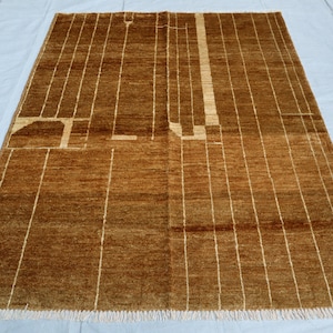 Handmade Moroccan Rug, 5x6 Bohemian Brown Wool Rug Authentic Colorful Moroccan Rug, Gold Area Rug Beni Ourain Shaggy Berber Rug Living Room,