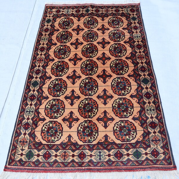 3x5 Ersari area rug, Handmade Afghan Tribal Turkmen, Rose Gold Accent Wool Rug, Unique Orange red green, Boho Oriental Small Gift Carpet,