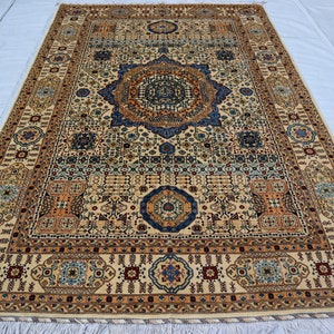 7x10 Beige Mamluk Area Rug, Afghan Turkish hand knotted Wool Geometric Blue Medallion carpet, Rugs for living room, Dining table Bedroom rug
