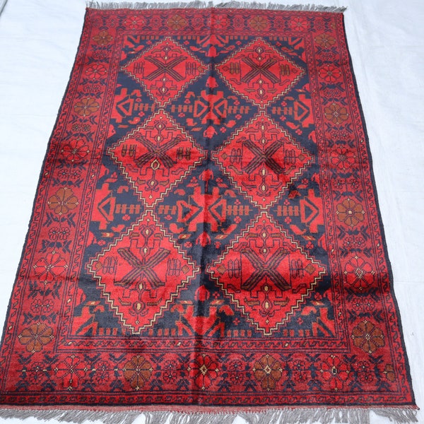 1940s Antique Rug 3x5 ft, Afghan Handmade Soft Pile Red Blue Baluchi Rug, Small Vintage Area rug, Tribal Turkmen Rug, Bedroom Kitchen rug