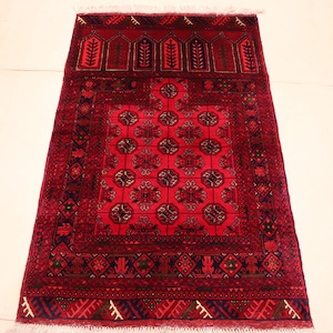 Vintage Prayer Rug 3x4 Afghan Prayer Bukhara Rug / Oriental Turkmen Area Rug, Handmade Wool Rug / Antique Red Muslim Prayer Carpet 2&#39;5X4&#39;.