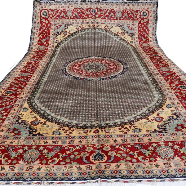 Handmade 12x19 Extra Large Afghan Rug, Turkmen, Round Medallion, Flower, Beige Red Turquoise Area Rug, Soft Pile Wool, Nature, Hall Carpet