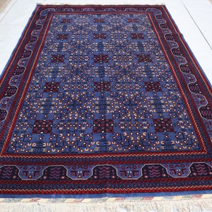 Afghan Navy Blue Bokhara Rug 7x10 / Turkmen Tribal Vege dyes Wool Carpet, Oriental Handmade Rug/ Living Room carpet/ Dining Table 200x300 cm