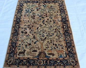 Livets träd ullmatta, afghansk beige bildmatta (0,9 x 1,5 m)