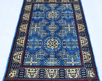 3x5 Bokhara Rug, Afghan Handmade Carpet, Blue Turkmen Small Gift ideas, Home decor Living room accent rug, Unique Traditional Cute Wool Rug,