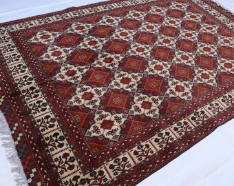 6x9 großer afghanischer roter handgemachter Teppich, turkmenischer Buchara beige grün, geometrisch 100% wolle türkischer Teppich, Vintage Geschenk Wohnzimmer Esszimmer Schlafzimmer